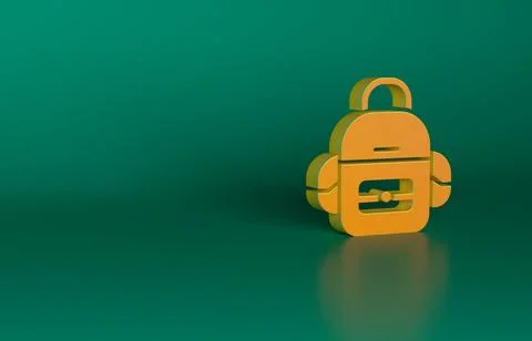 Orange School backpack icon isolated on green background. Minimalism concept. 3D Illustrazione stock