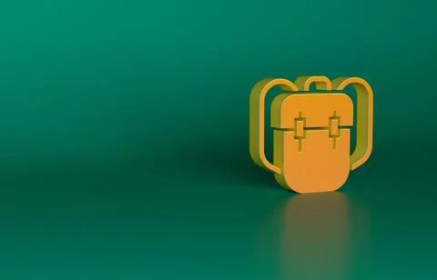 Orange School backpack icon isolated on green background. Minimalism concept. 3D Illustrazione stock