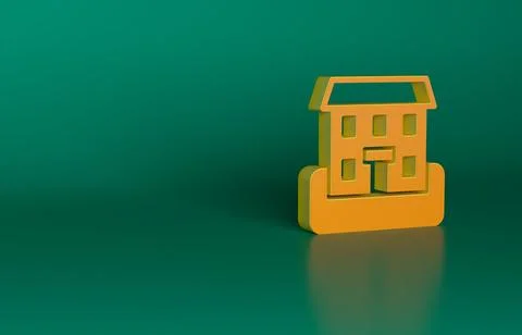 Orange School building icon isolated on green background. Minimalism concept. 3D Ilustración de archivo