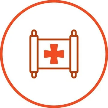 Orange scroll containing a cross, a digital icon design inside a circle Stock Illustration