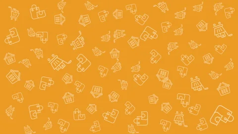 Orange seamless ecommerce pattern with shopping carts, bags and baskets Stock Footage 318538569
