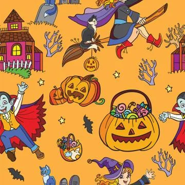 Orange seamless pattern with cartoon Halloween characters Illustrazione stock
