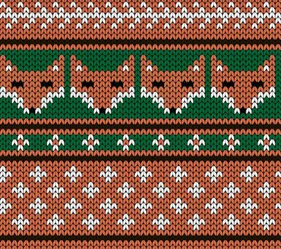 Orange seamless pattern with fox face knitted immitation. 스톡 일러스트