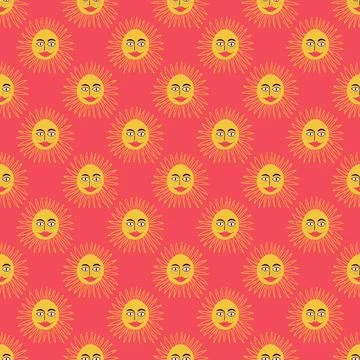 Orange seamless pattern with funny cartoon sun Stock Illustration