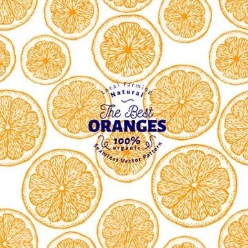 Orange seamless pattern. Hand drawn vector fruit background. Engraved style.  イラスト素材
