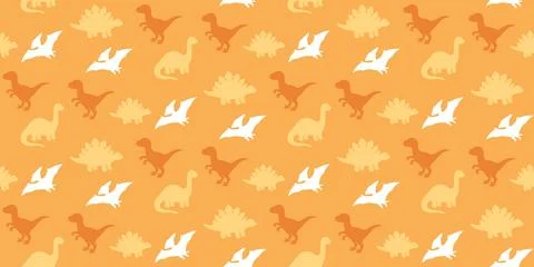 Orange seamless pattern with white and brown cartoon dinosaur silhouettes Stock Illustration