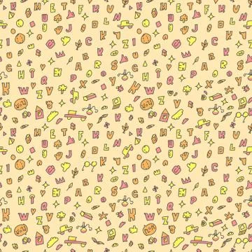 Orange Seamless repeat pattern which consists of alphabet, car, glasses, hear Stock Illustration