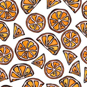 Orange Seamless Slices Background. Pattern of Citrus. Doodle Style Vector Stock Illustration