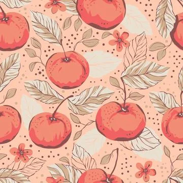 Orange seamless vector pattern with the image of fruit apples quince Stock Illustration
