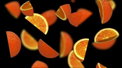 Orange segments falling on black background, 3d illustration Stock Illustration