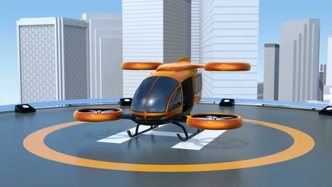 Orange self-driving passenger drone takeoff from helipad Stock Footage 88011582