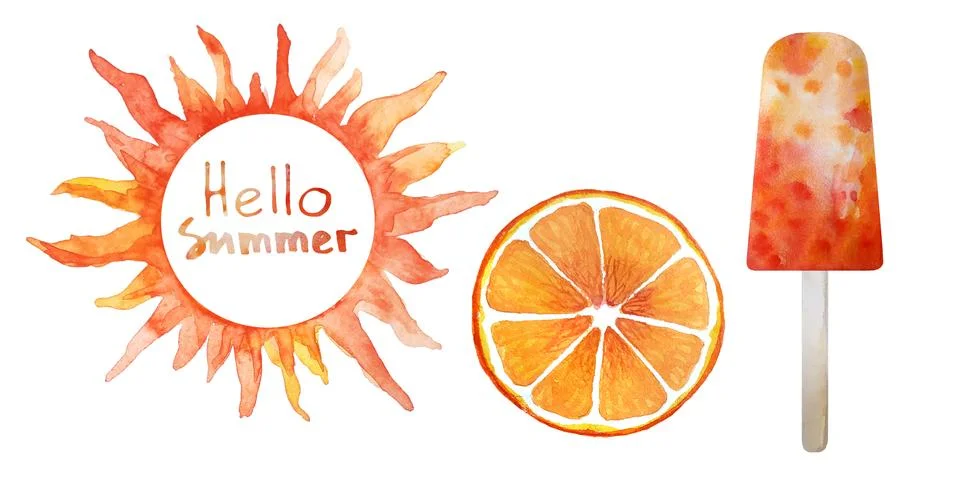 Orange Set. Orange fruit slice, fruit ice pop and sun. Fresh Summer watercolor Stock Illustration