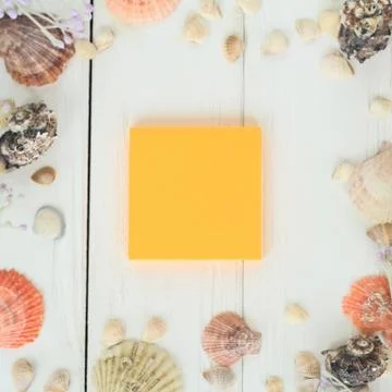 Orange sheet of paper and seashells on a wooden background.Travel background Stock Photos