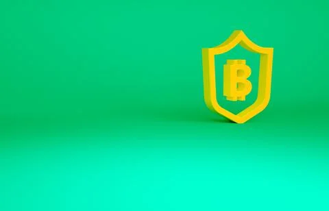 Orange Shield with bitcoin icon isolated on green background. Cryptocurrency  스톡 일러스트