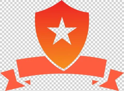 Orange shield icon with white star and ribbon banner for security . Stock Illustration