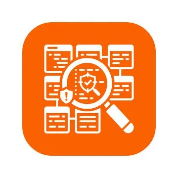 Orange shield magnifying glass icon for security audit and database vulnera.. Stock Illustration