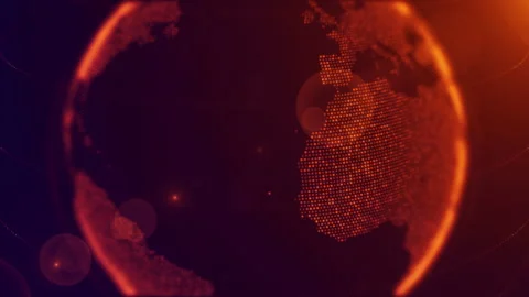 Orange Shiny Close-Up View Of Dotted Globe Earth World Map Rotating Light Flare Video stock 275483728