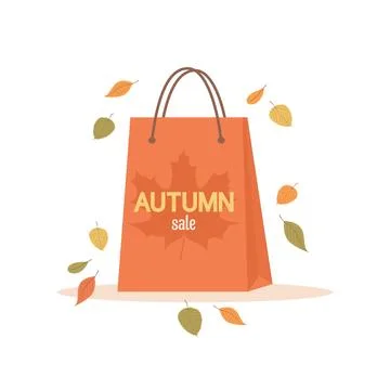 Orange shopping bag with maple leaf and text on it and falling autumn leaves Stock Illustration