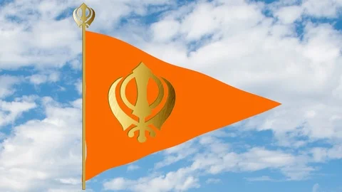 Orange Sikh flag with the image of Gold Khanda - the main symbol of Sikhism Stock Footage 123132676
