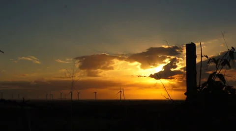 Orange Sky Cloud Sunset Windmills Time Lapse Dolly Stock Footage 33756340