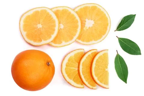 Orange with slice and leaf isolated on the white background. Flat lay pattern Stock Photos
