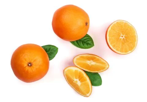 Orange with slice and leaf isolated on the white background. Flat lay pattern 写真素材