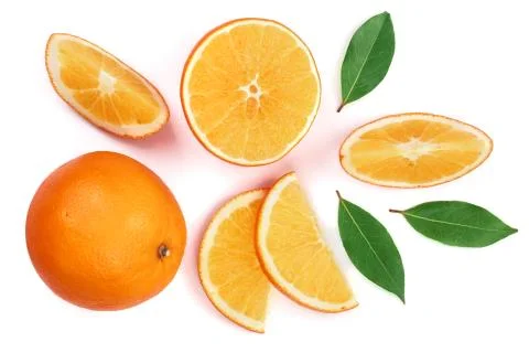 Orange with slice and leaf isolated on the white background. Flat lay pattern Stock Photos