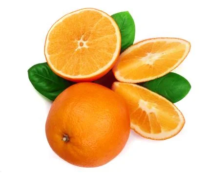 Orange with slice and leaf isolated on the white background. Flat lay pattern Stock Photos