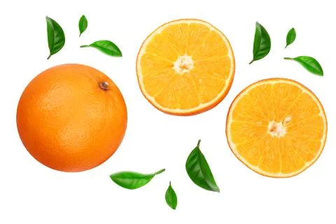 Orange with slice and leaf isolated on the white background. Flat lay pattern Stock Photos