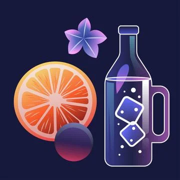 Orange slice bottle with ice cubes purple flower dark background Illustrazione stock