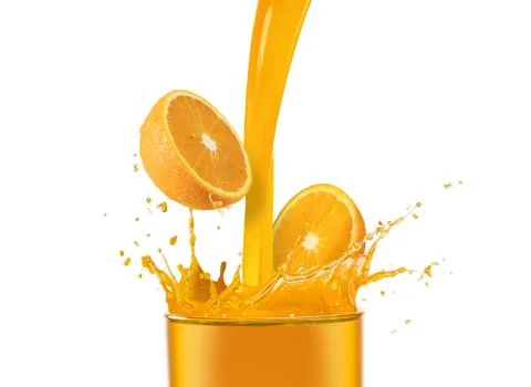 Orange slice drop in orange juice glass isolated on white background Stock Photos