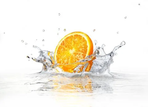 Orange slice falling and splashing into clear water. Stock Illustration