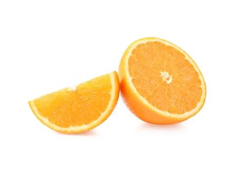 Orange slice half and one segment isolated on white background. Stock Photos