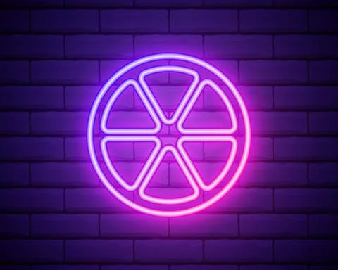Orange slice, half lemon, fresh fruit, icon of food. Pink neon style on brick Stock Illustration