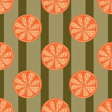Orange slice seamless pattern in hand drawn style. Green striped background.  스톡 일러스트