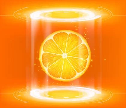 Orange slice on a technological futuristic user interface. 스톡 일러스트