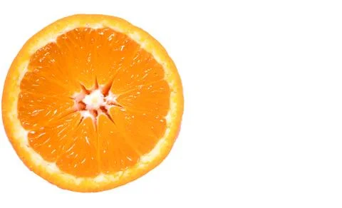 Orange Slice on white background. Top View with Copy Space. Citrus Health Con Stock Photos