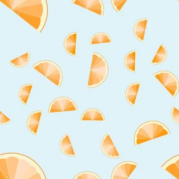 Orange slices on light blue background. Citrus fruit seamless vector pattern. Stock Illustration