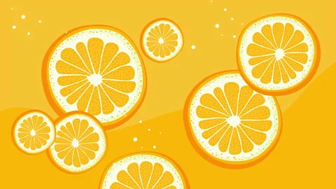 Orange slices rotating and moving on bright orange background with bubbles. Stock Footage 146436101