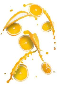 Orange slices with splashes of juice isolated on white background. Stock Photos