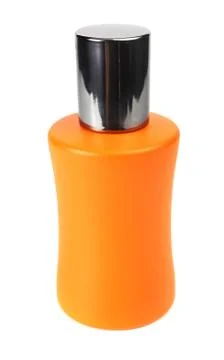 Orange small bottle with a perfume liquid Stock Photos