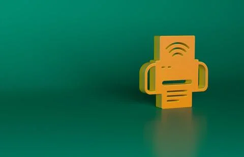 Orange Smart printer system icon isolated on green background. Internet of 스톡 일러스트