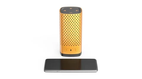 Orange smart speaker and smartphone Stock Footage 310805120