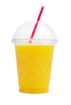 Orange smoothie in plastic cup Stock Photos