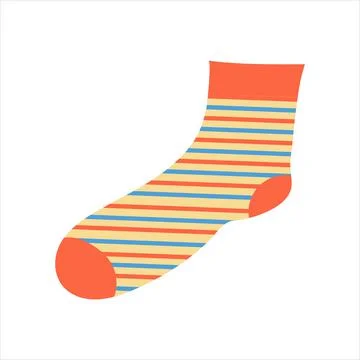 Orange sock with multi-colored stripes on white Stock Illustration