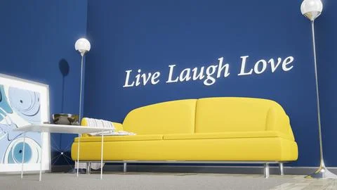 An orange sofa in a blue room with the text live laugh love on the wall 3d Stock Illustration