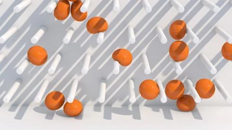 Orange soft balls falling. White wall, hard light. 3d render. Stock Illustration