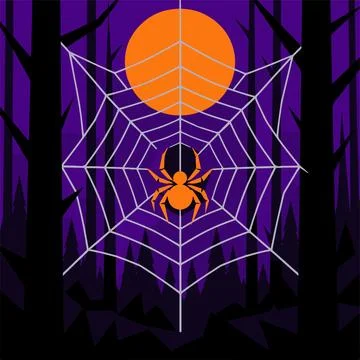 Orange spider on grey web over dark purple forest night for halloween spook.. Stock Illustration