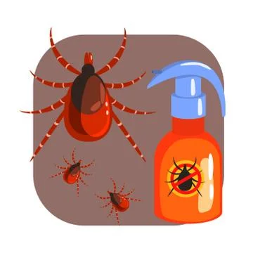 Orange sprayer of mite or tick insecticide and tick parasite. Colorful cartoon Stock Illustration
