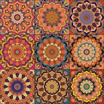 Orange Square Tile Boho Pattern Stock Illustration